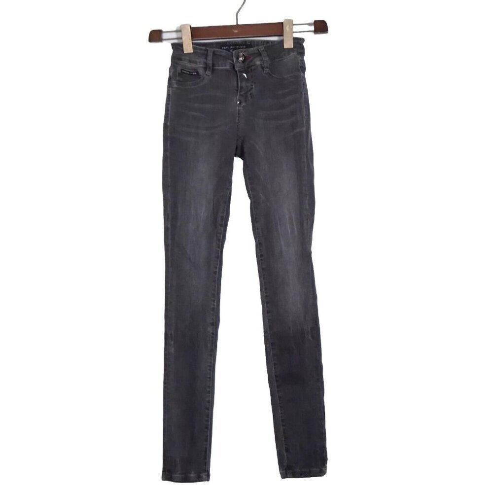 Philipp Plein Women's 25 Charcoal Black Slim Fit Denim Jagging Jeans Mid Rise